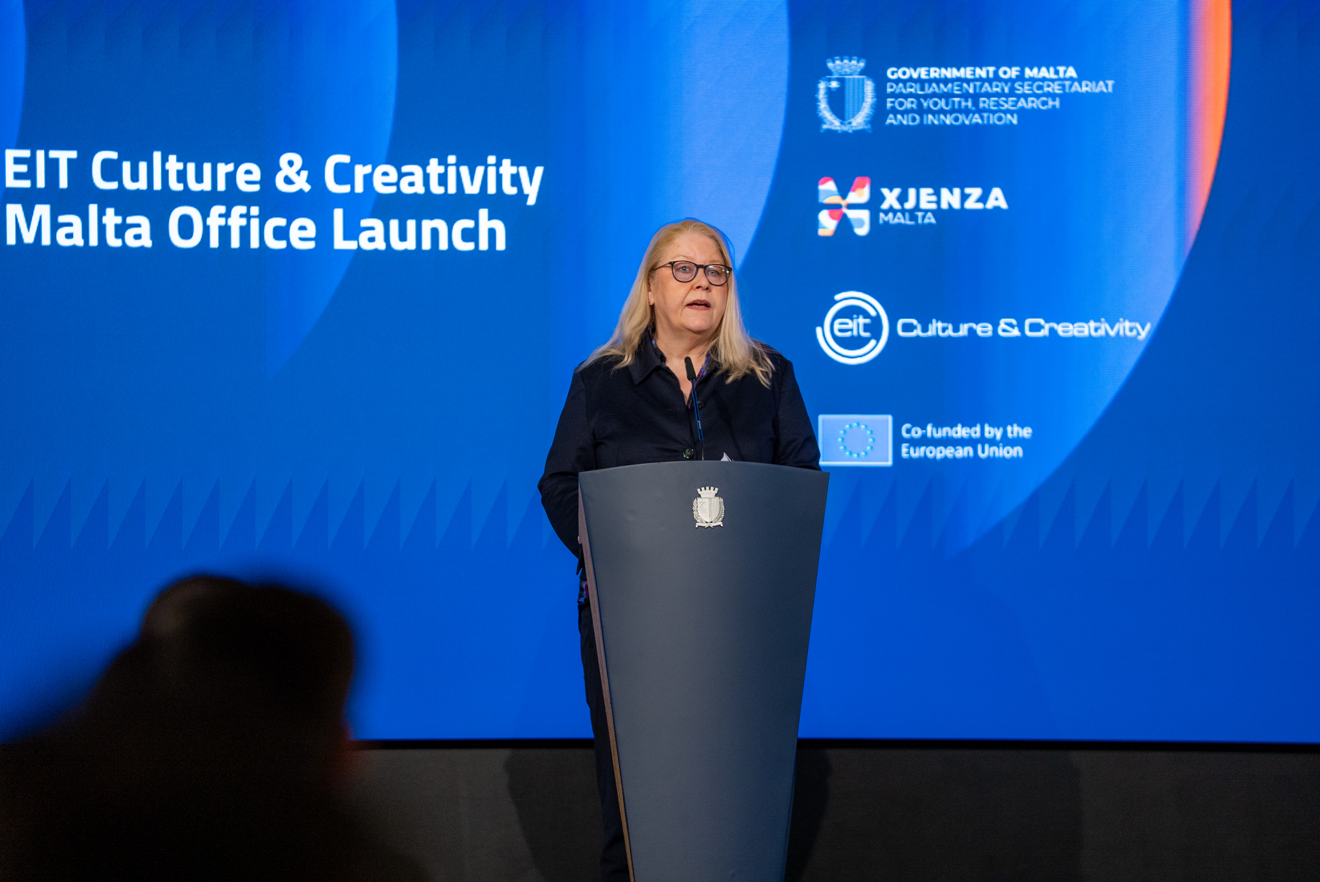 Anette Schaefer on stage at the EIT Culture & Creativity Malta Office Launch