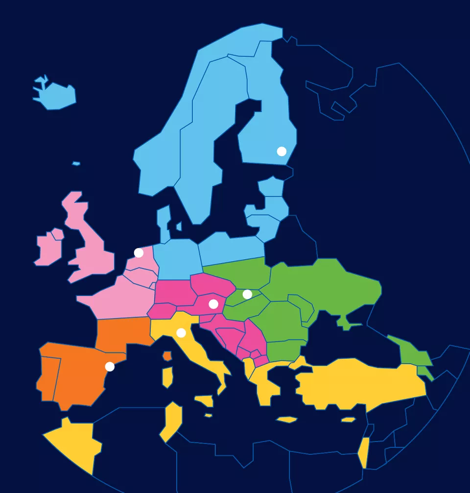 Colourful illustrated map of Europe showing different regions in distinct colours, with circular markers indicating hub locations